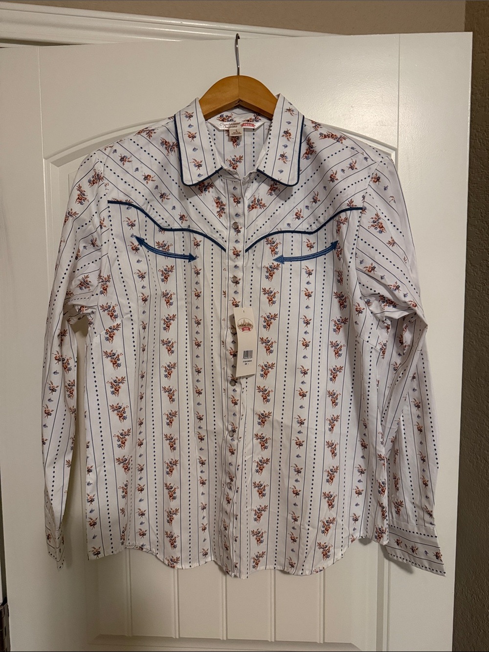 Ely Cattleman White Button-Down Shirt with Brown Floral & Blue Piping